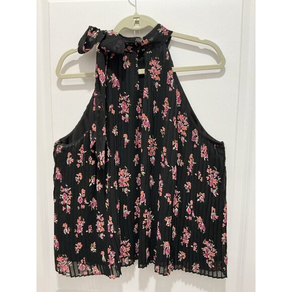 Elle Pleated Halter Top Size XL With Neck Tie For Bow Black Floral Print Lined - Picture 6 of 11